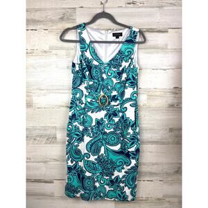 Tahari Womens 4 Blue White Paisley Pocket Sheath Cotton Stretch Mini Dress